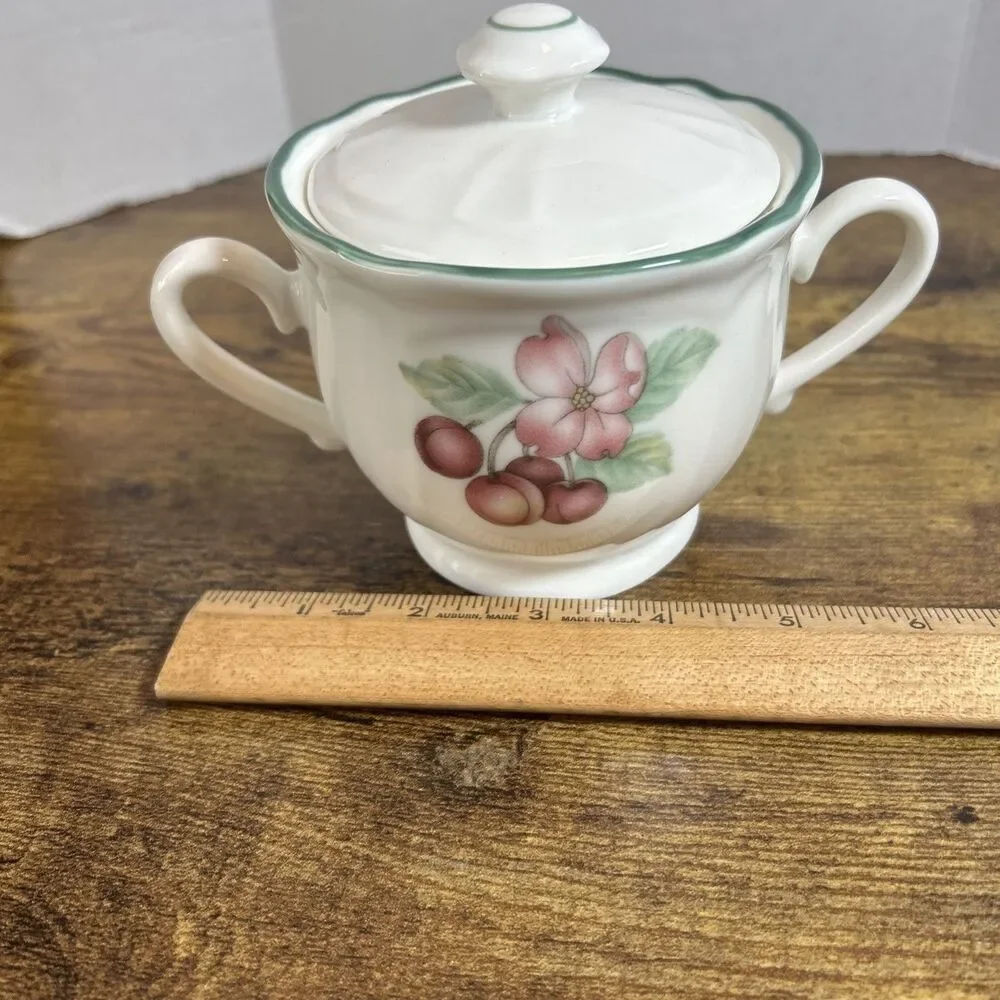 Vintage Epoch Market Day Sugar Bowl w Lid Plum Fruit Green Trim EUC Cottagecore